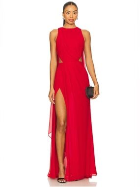 Michael Costello Red High-Slit Cutout Evening Gown